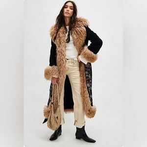 Free People Talk of the Town Coat Boho Embroidered Corduroy Faux Fur Trim L